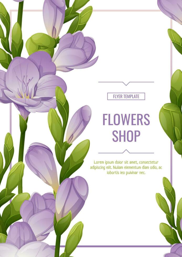 Flyer with freesia flowers. Beautiful backgroundwith purple flowers and buds. Spring card, banner, wedding invitation vector