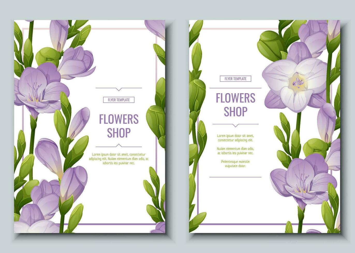 conjunto de volantes con fresia flores hermosa fondocon púrpura flores y brotes primavera tarjeta, bandera, Boda invitación vector