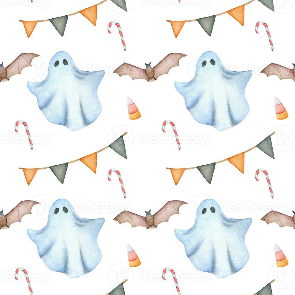 Seamless watercolor Halloween pattern with ghost, bat, candy corn and garlands. Cute spooky Halloween pattern. photo