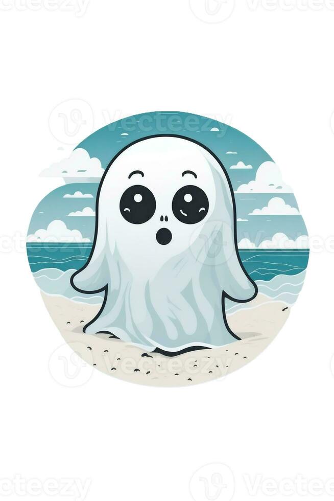 white ghost artwork kawaii on the sea shore photo