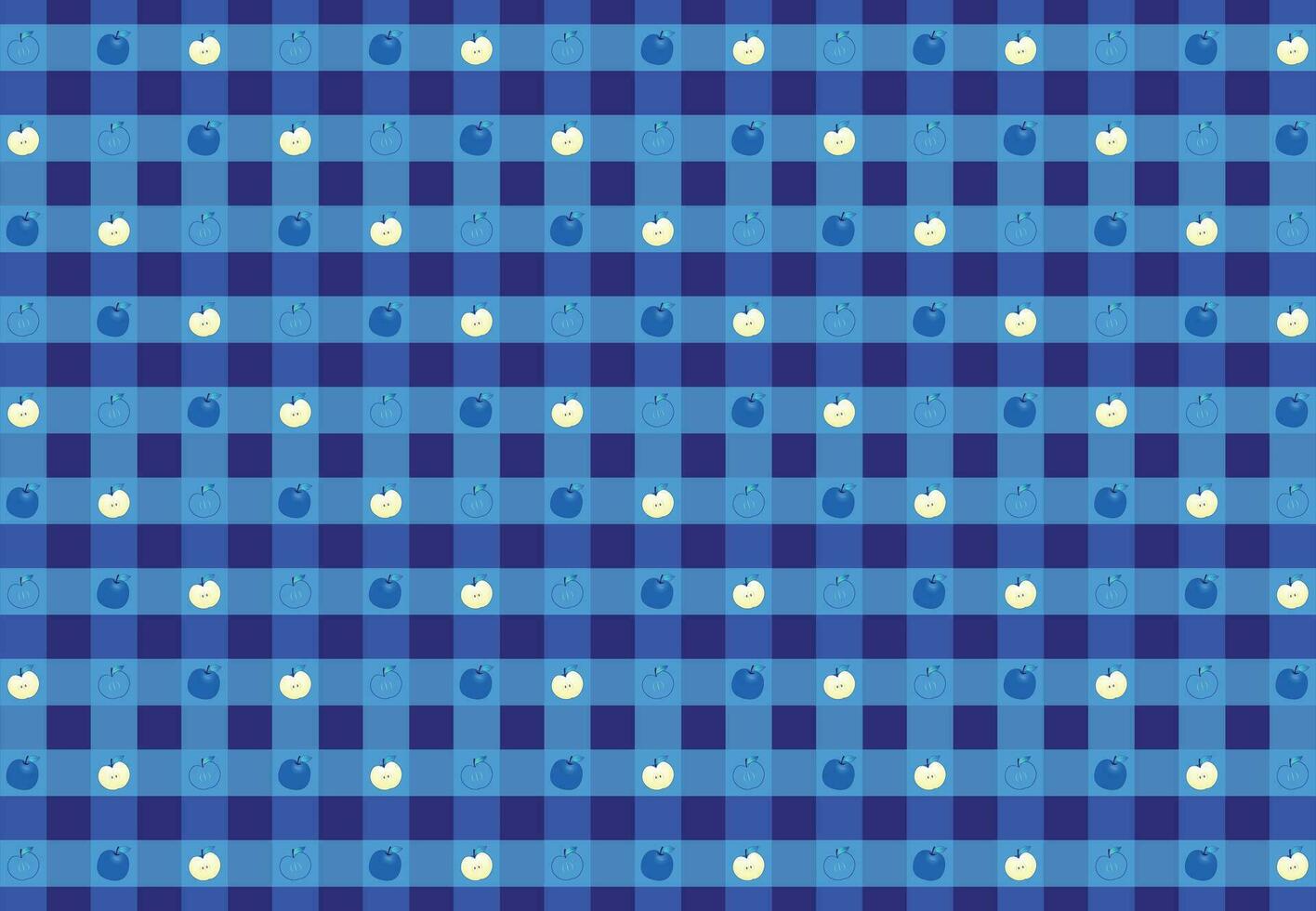 Vector pattern blue background checkered tablecloth with various shapes of blue apples