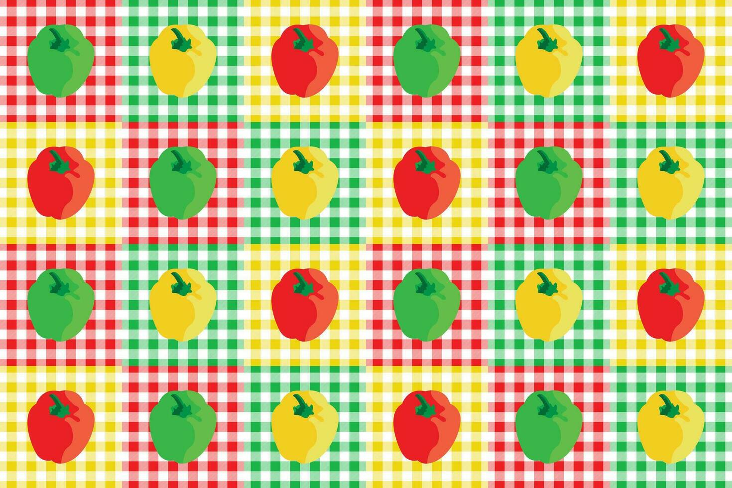 Vector pattern background with yellow, green and red peppers on checkered tablecloth, for industrial use