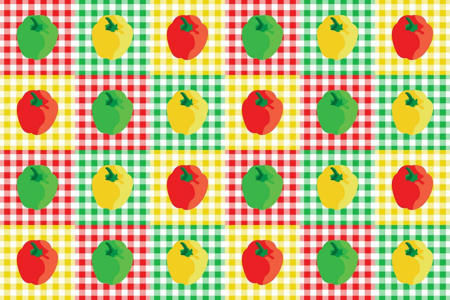 Vector pattern background with yellow, green and red peppers on checkered tablecloth, for industrial use