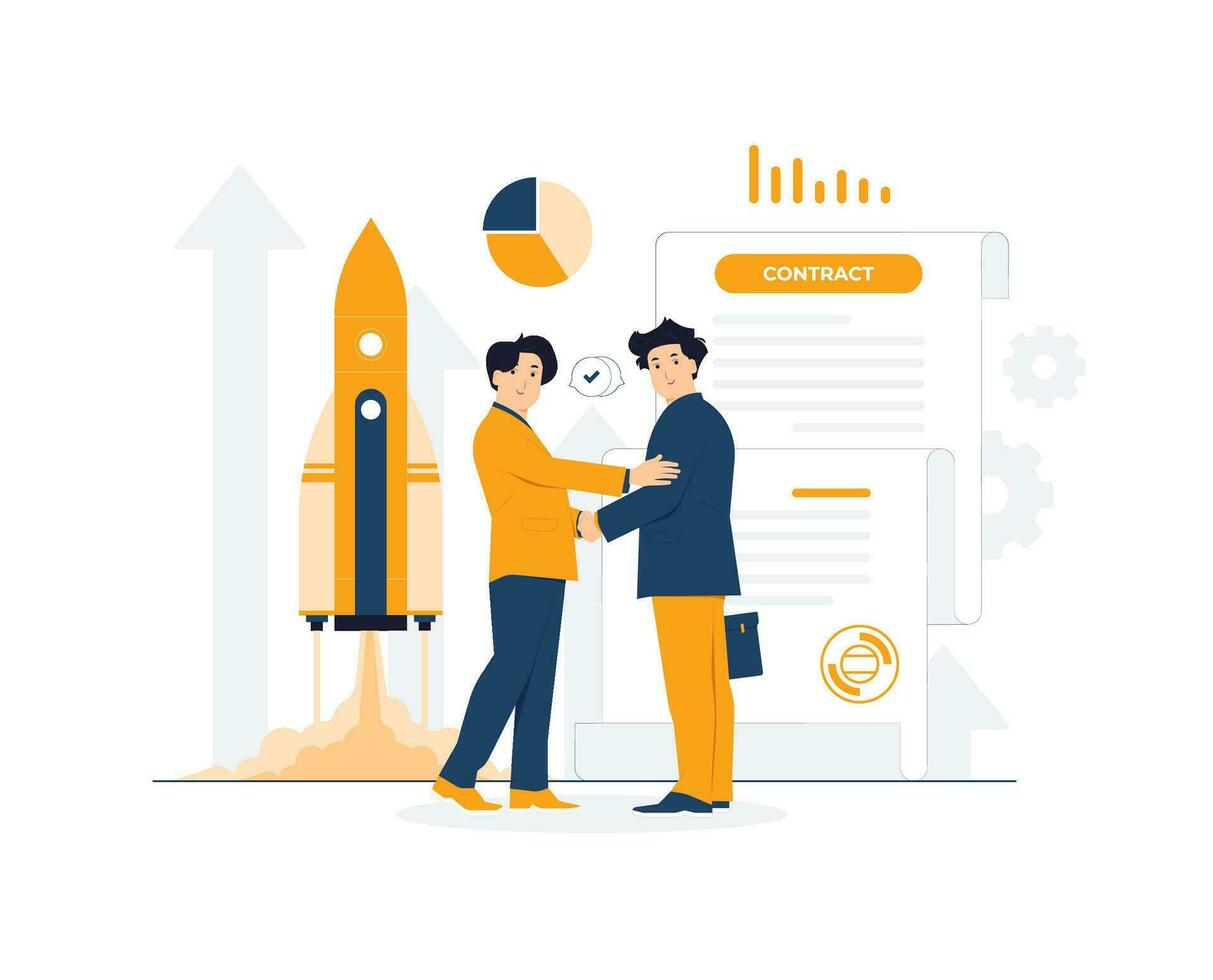 Two Businessman handshake after negotiation of business agreement, Success communication, discussion, project deal, partnership, networking, connection, start up, contract concept illustration vector