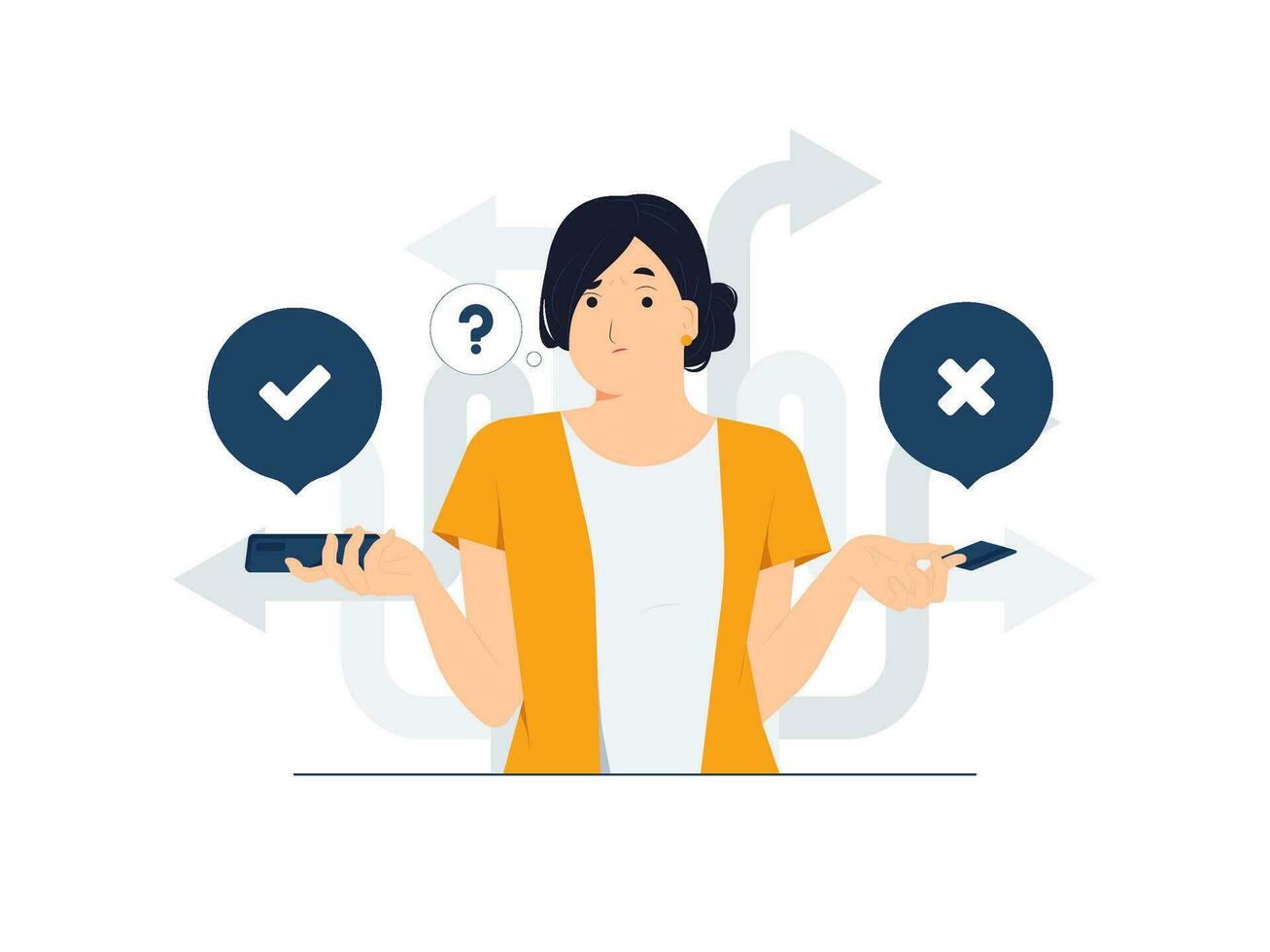 Confusing woman holding phone and credit card with question mark and think which way to success. Business decision making, career path, work direction, dilemma, choose, undecided concept illustration vector