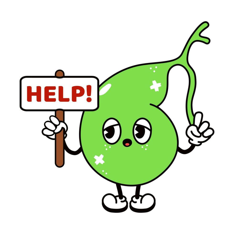 Gallbladder with an inscription help character. Vector hand drawn traditional cartoon vintage, retro, kawaii character illustration icon. Isolated white background. Gallbladder character