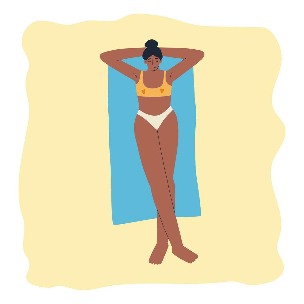 a woman in a swimsuit lies on the sand. rest, summer, sea. hand drawn vector illustration in flat style