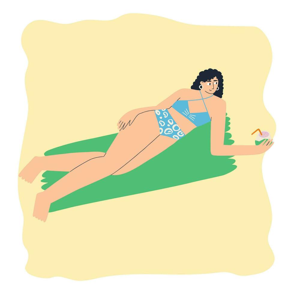a woman in a swimsuit lies on the sand. rest, summer, sea. hand drawn vector illustration in flat style