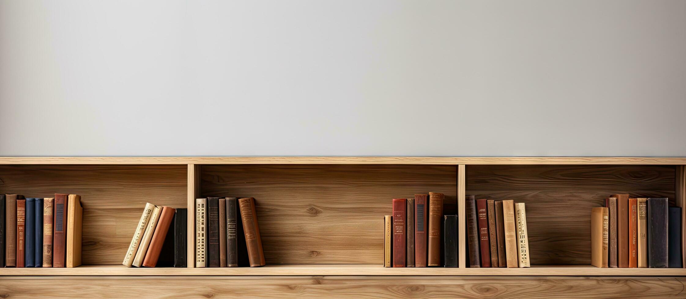 Empty books stored on wooden shelves photo