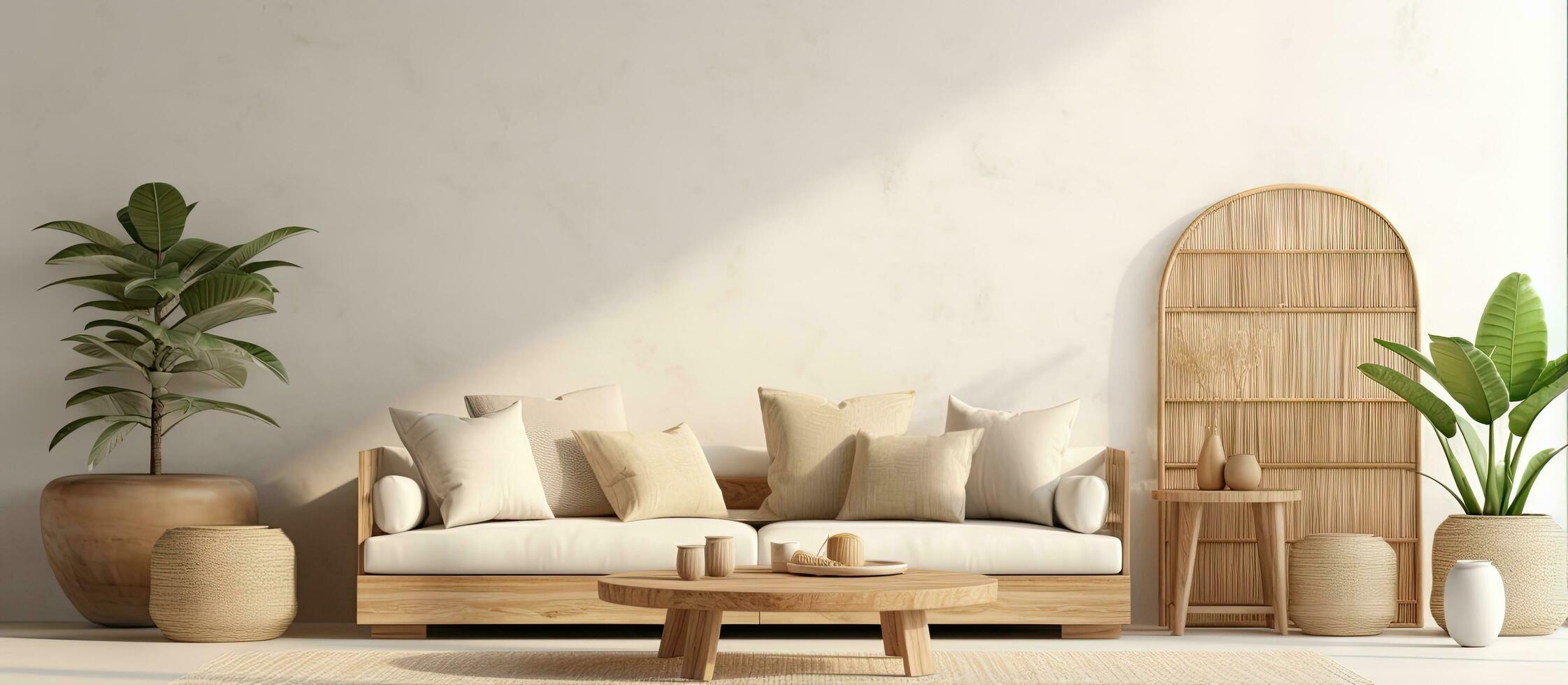 Boho Scandinavian style illustration of a modern living room with a mock up wall photo