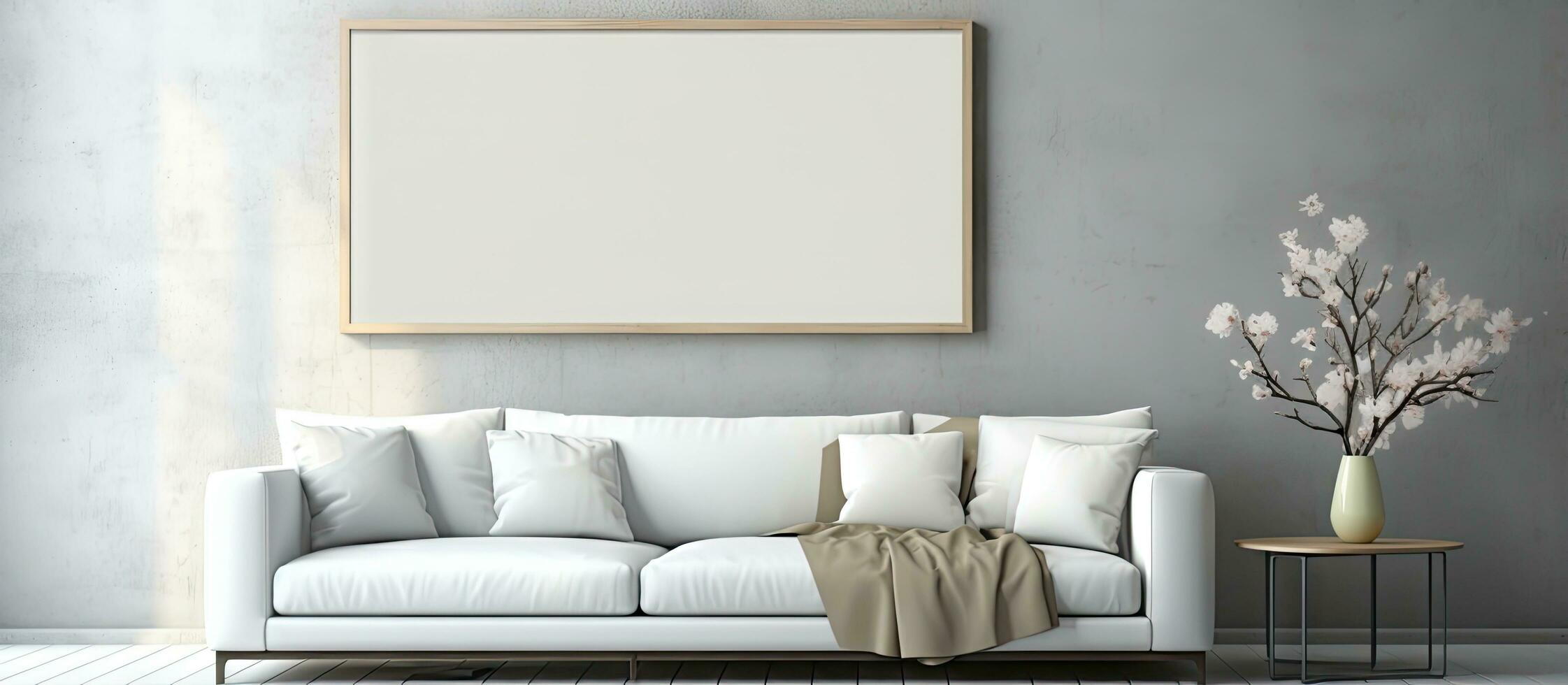 Scandinavian style mock up poster frame in modern interior background photo