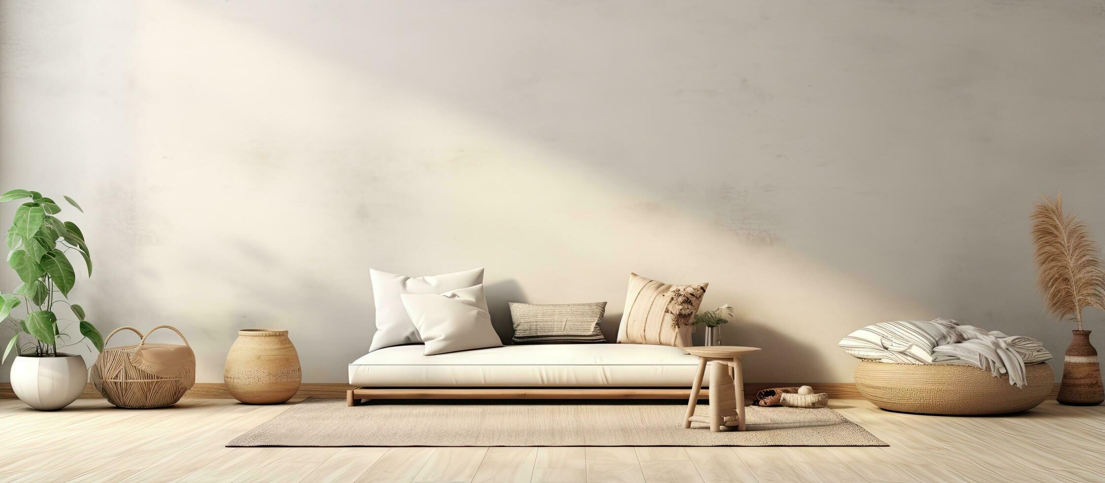 Boho Scandinavian style illustration of a modern living room with a mock up wall photo