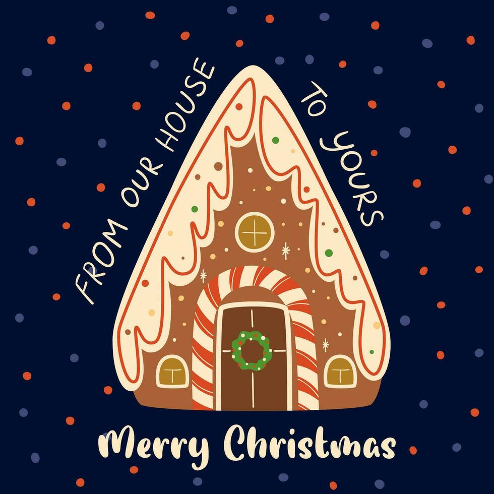Christmas greeting card with cute gingerbread house on the dark blue background with polka dot vector illustration. Hand drawn winter holiday cozy postcard, background. Merry Christmas night