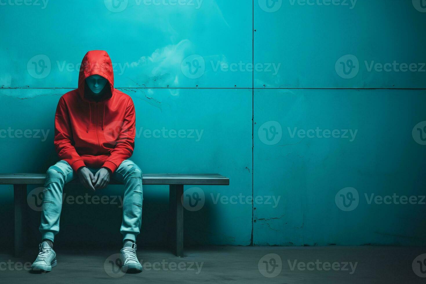 Man wearing hoodie sitting. Banner, light teal and light red colors, emotional sensitivity photo