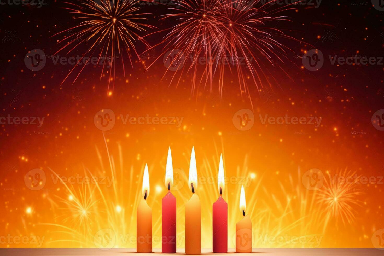 Candle on the red background with fireworks that burn out photo