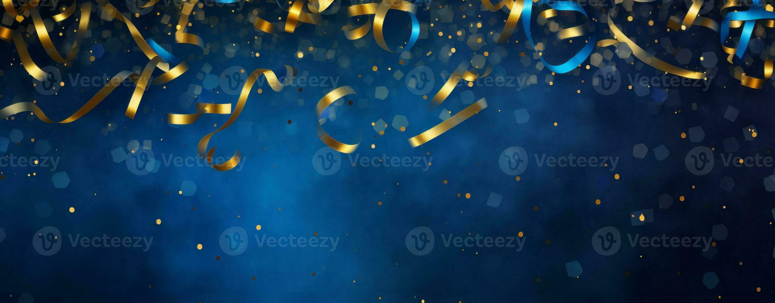 Golden confetti falling over dark blue background photo