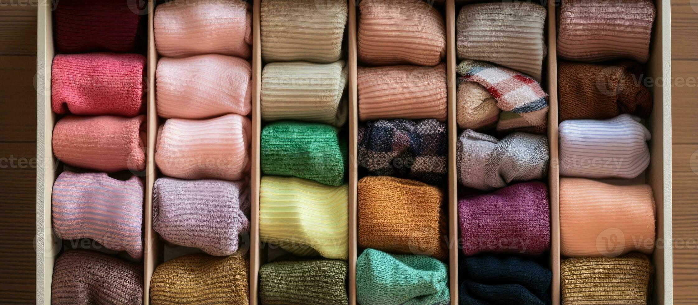 Various socks in textile box on closet backdrop photo