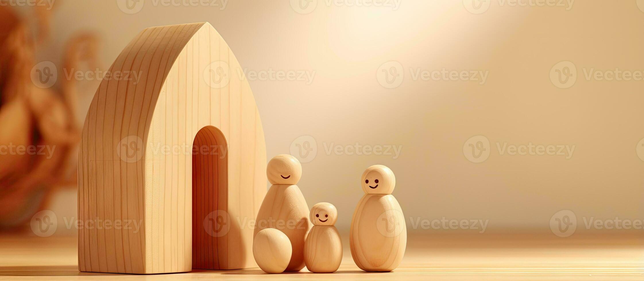 Rendering wooden figure toys and home environment for remote work content photo