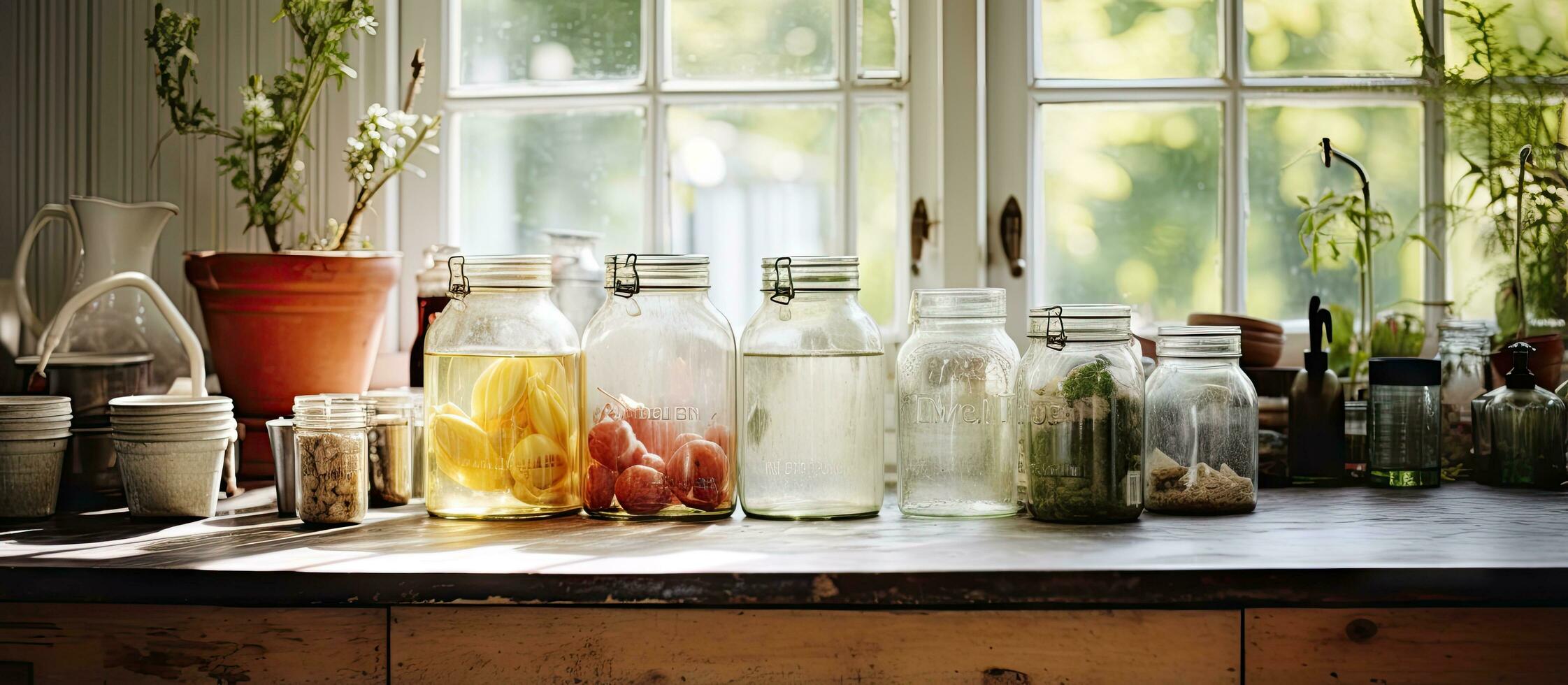 Swedish kitchen housing pitchers and glass jars photo