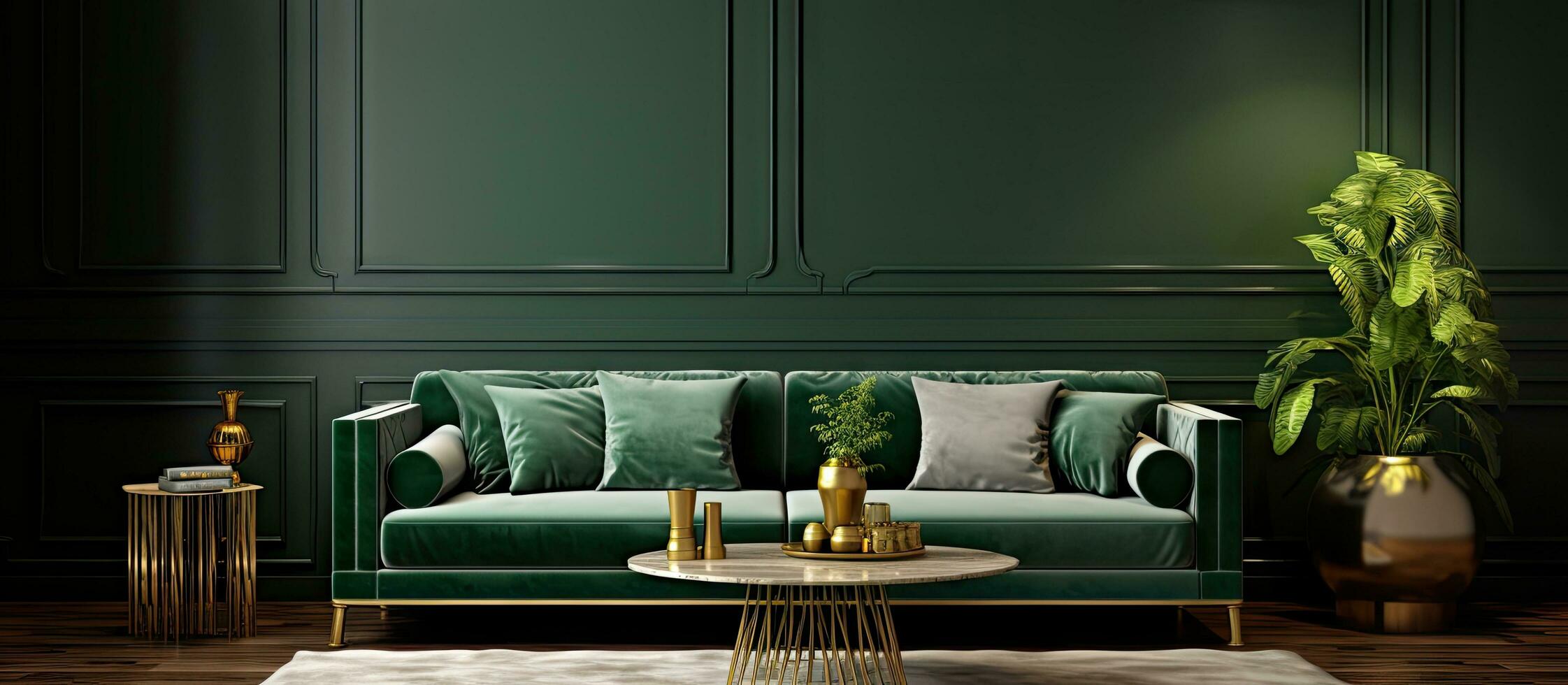 moderno vivo habitación con verde terciopelo sofá oro café mesas gris paredes y marrón de madera piso foto