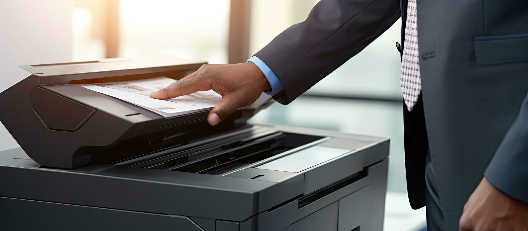 Office workers utilize a panel to operate a printer or photocopier for