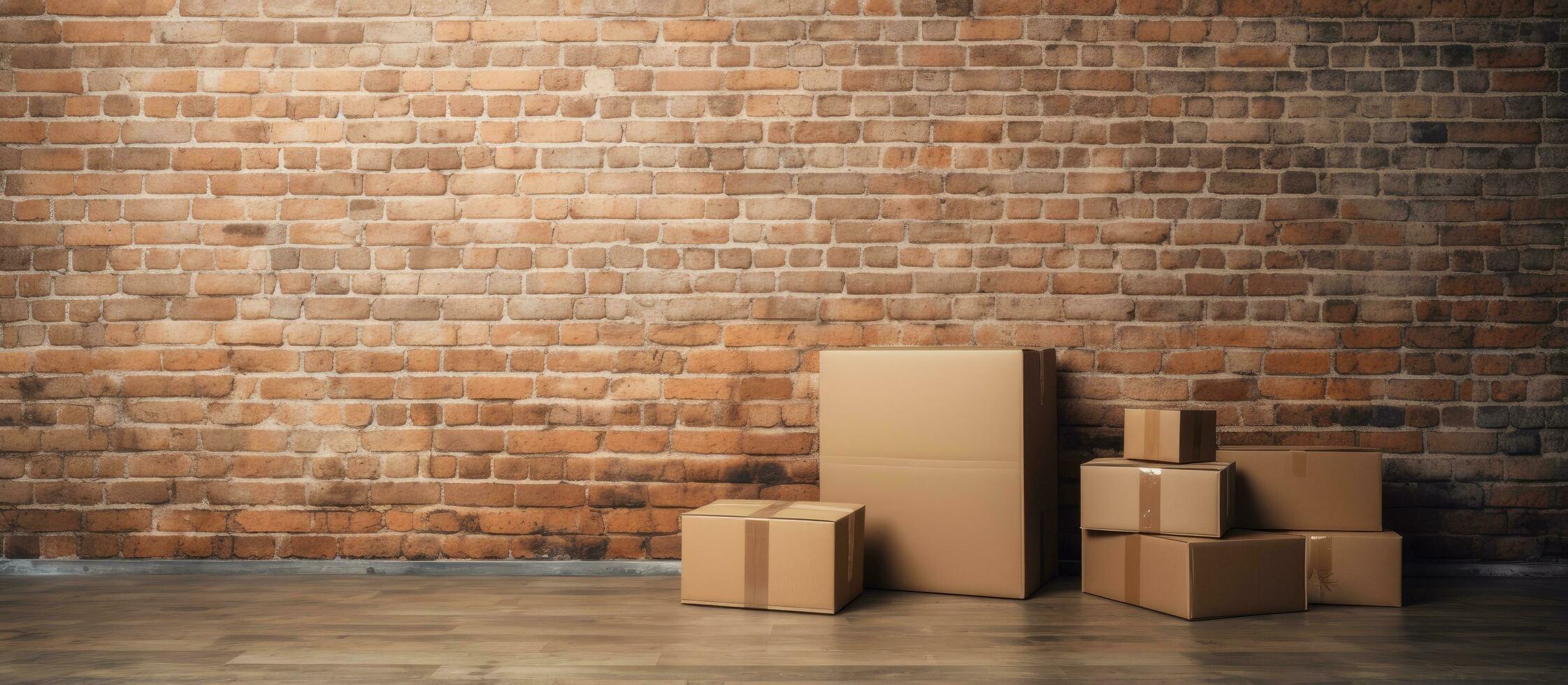 Stack of moving boxes placed against a brick wall for moving in photo