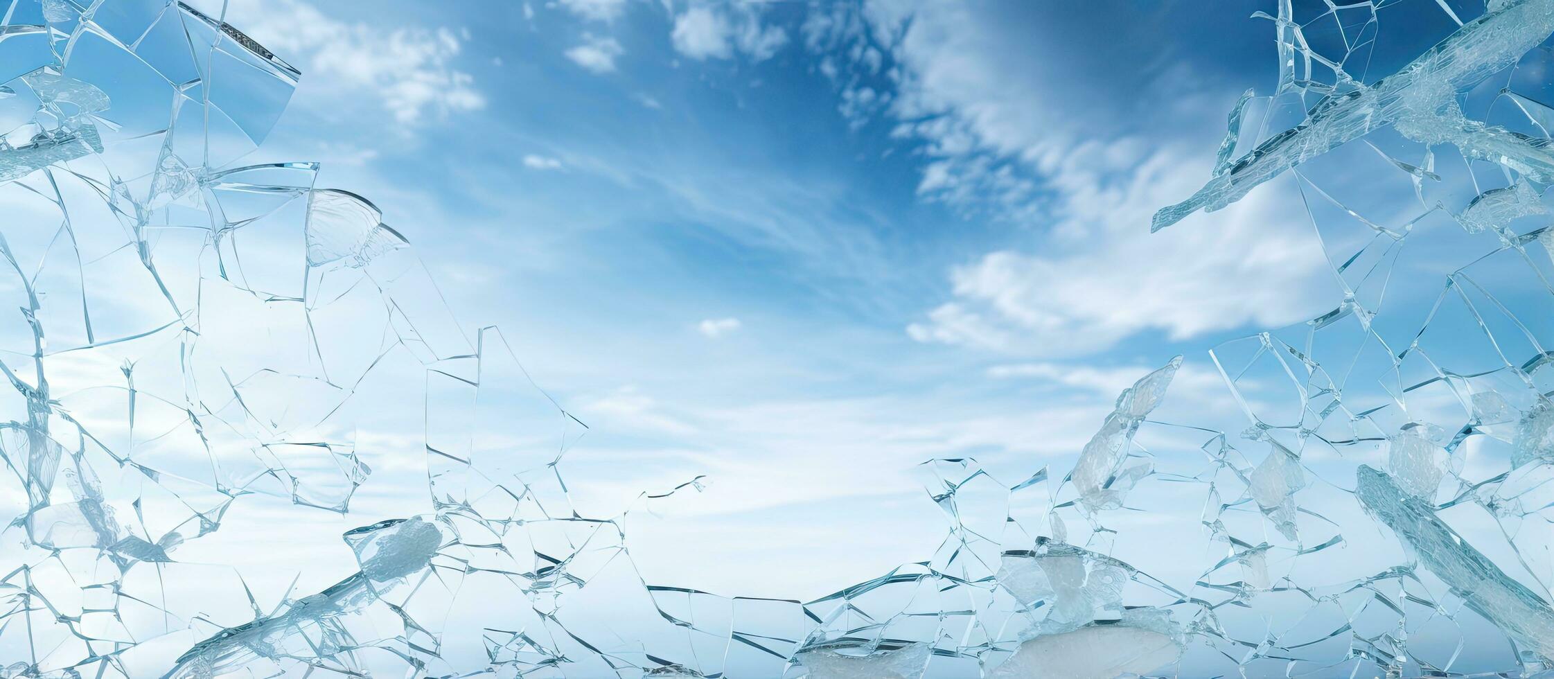 Cloudy sky reflecting on dirty broken glass window with a dusty background clear white sky on backdrop photo