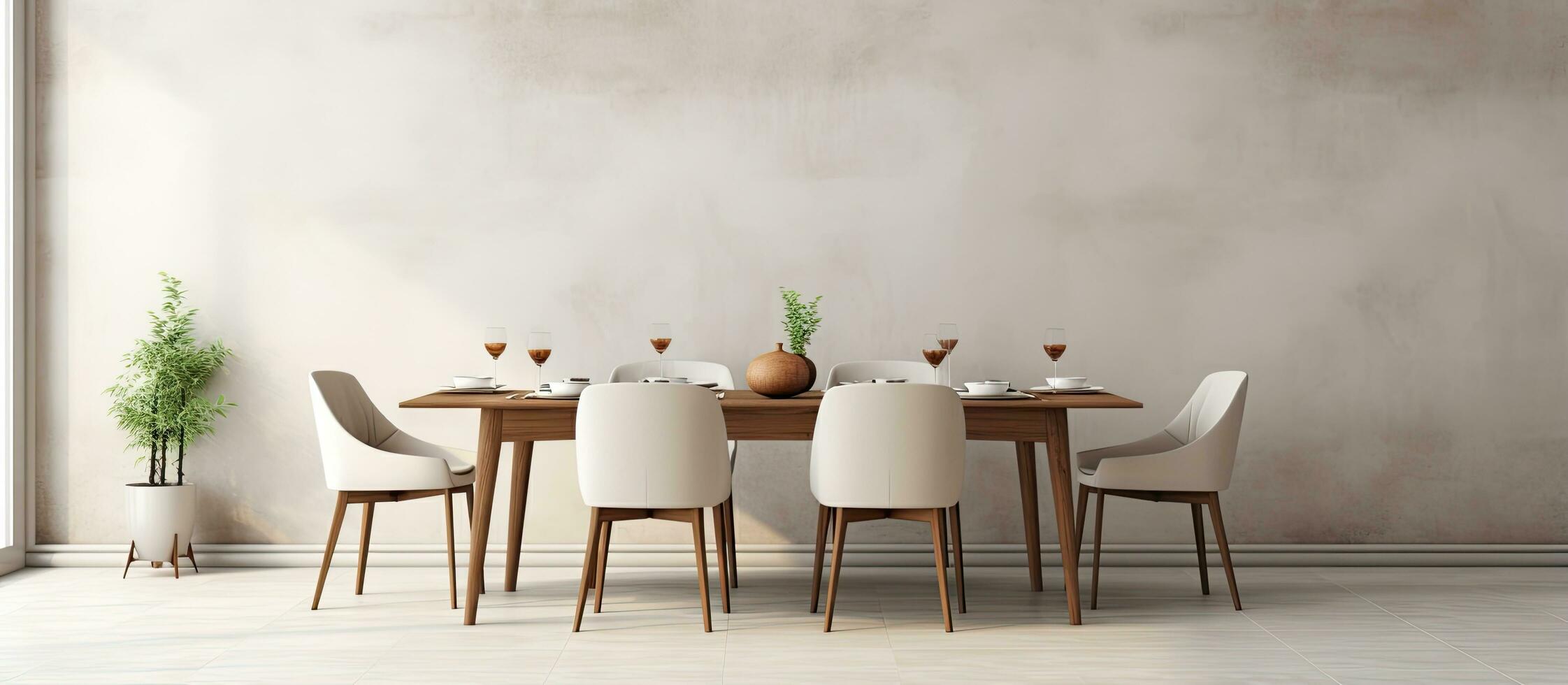 a white dining room with concrete floors patterned walls and a wooden and white table with chairs featuring a poster photo