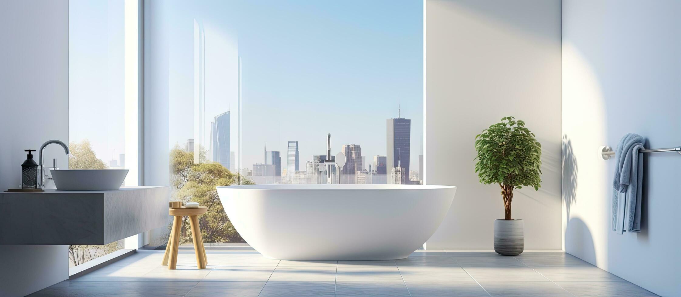 ed bright bathroom with bathtub stool towel shampoo panoramic window city skyscrapers view white walls concrete tile floor photo