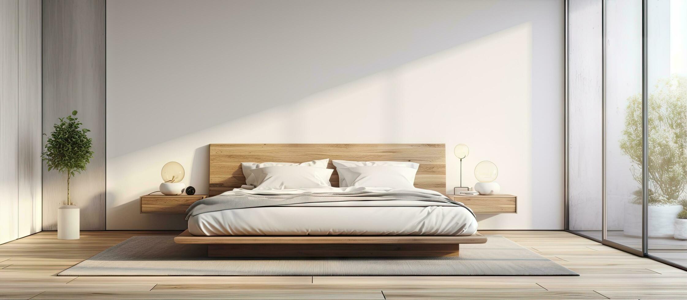 mock up of a bedroom with white and glass walls wooden floor double bed and blank poster on a bedside table photo