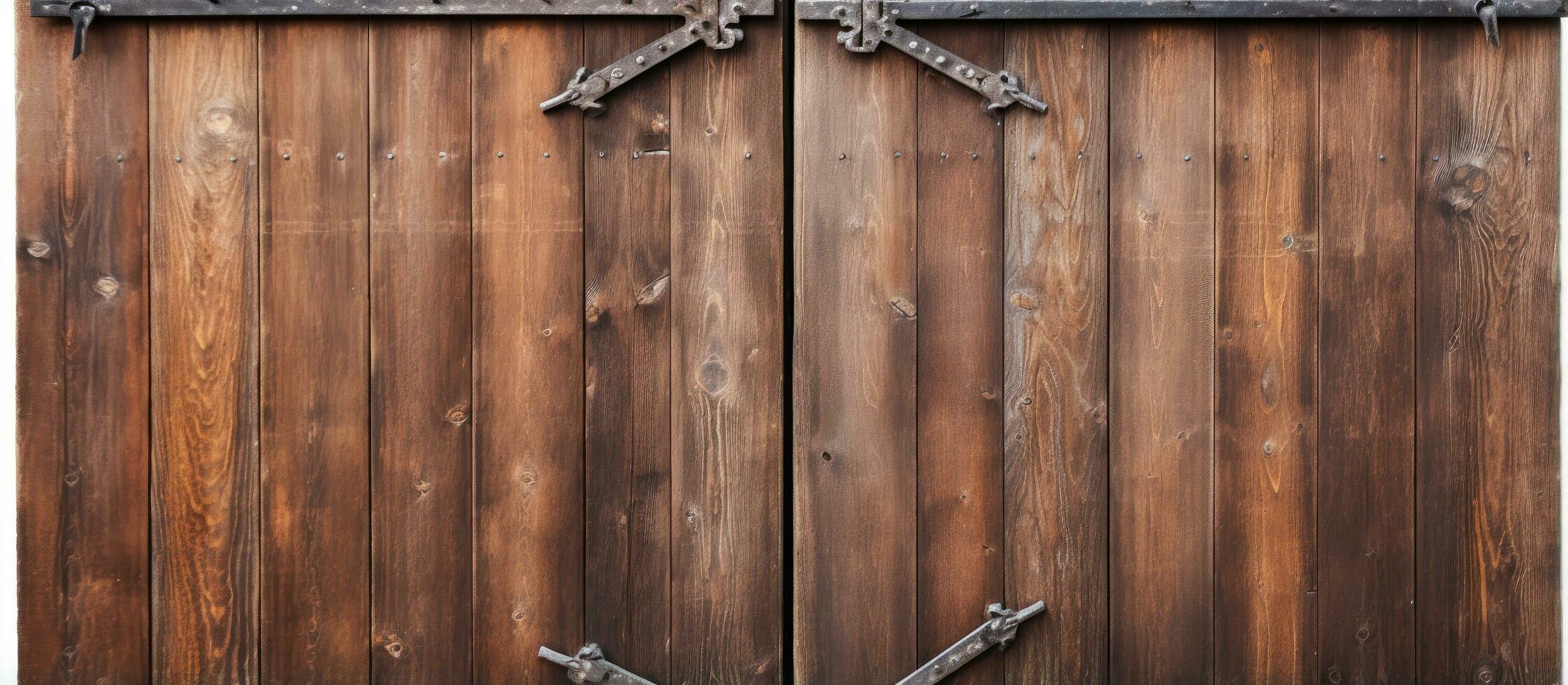 Closeup of a vintage double barn door with wooden texture and metallic handle and bolts seen from the front photo