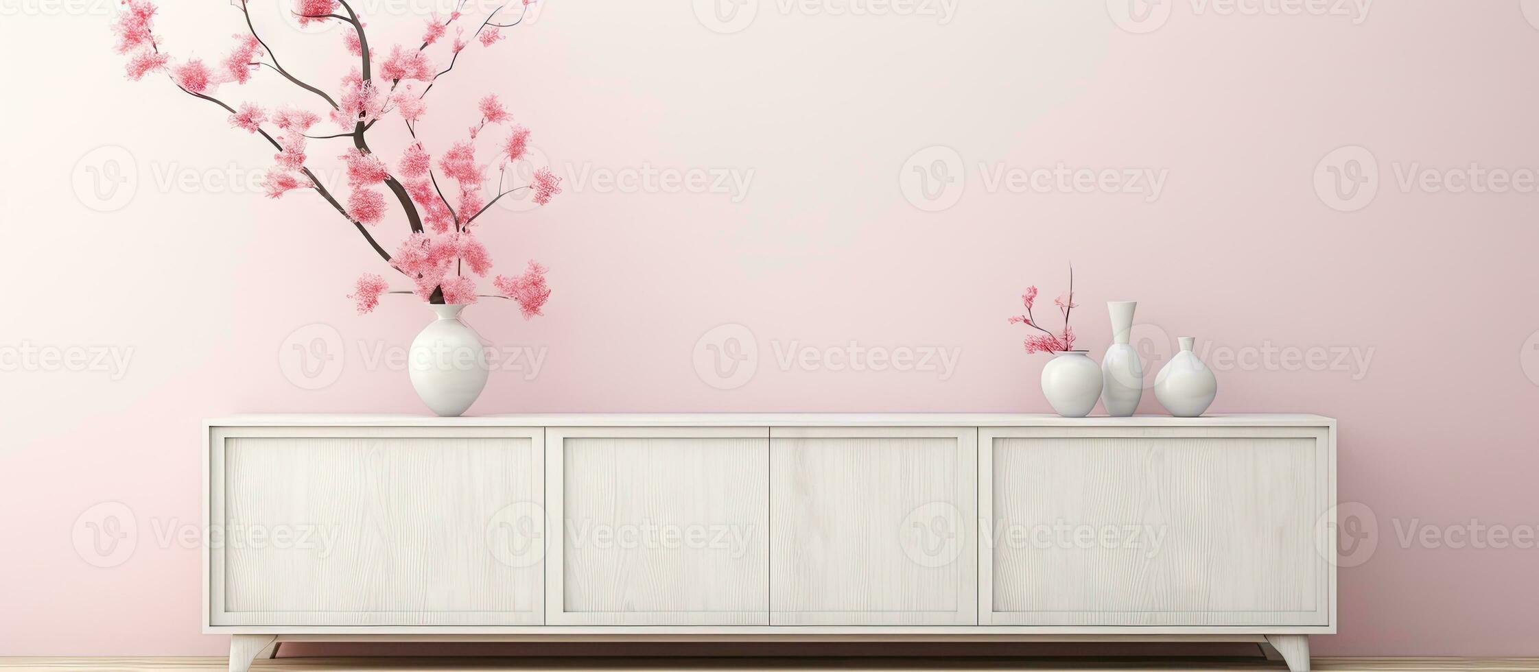 of a sideboard with home accessories on a white background allowing for wallpaper wall panels photo prints or paintings