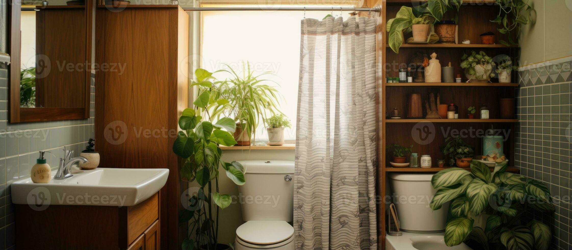 Compact bathroom featuring a wooden vanity sink patterned shower curtain toilet in the center and three hanging plants on the railing below photo