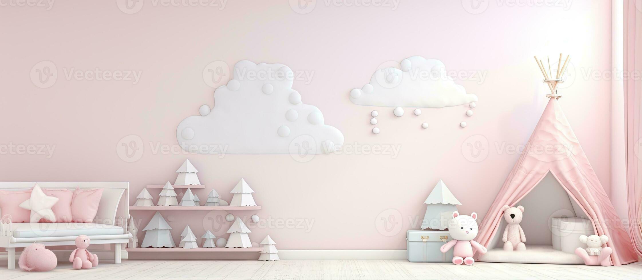 Modern style illustration mock up wall for a child s playroom in pastel Christmas colors photo