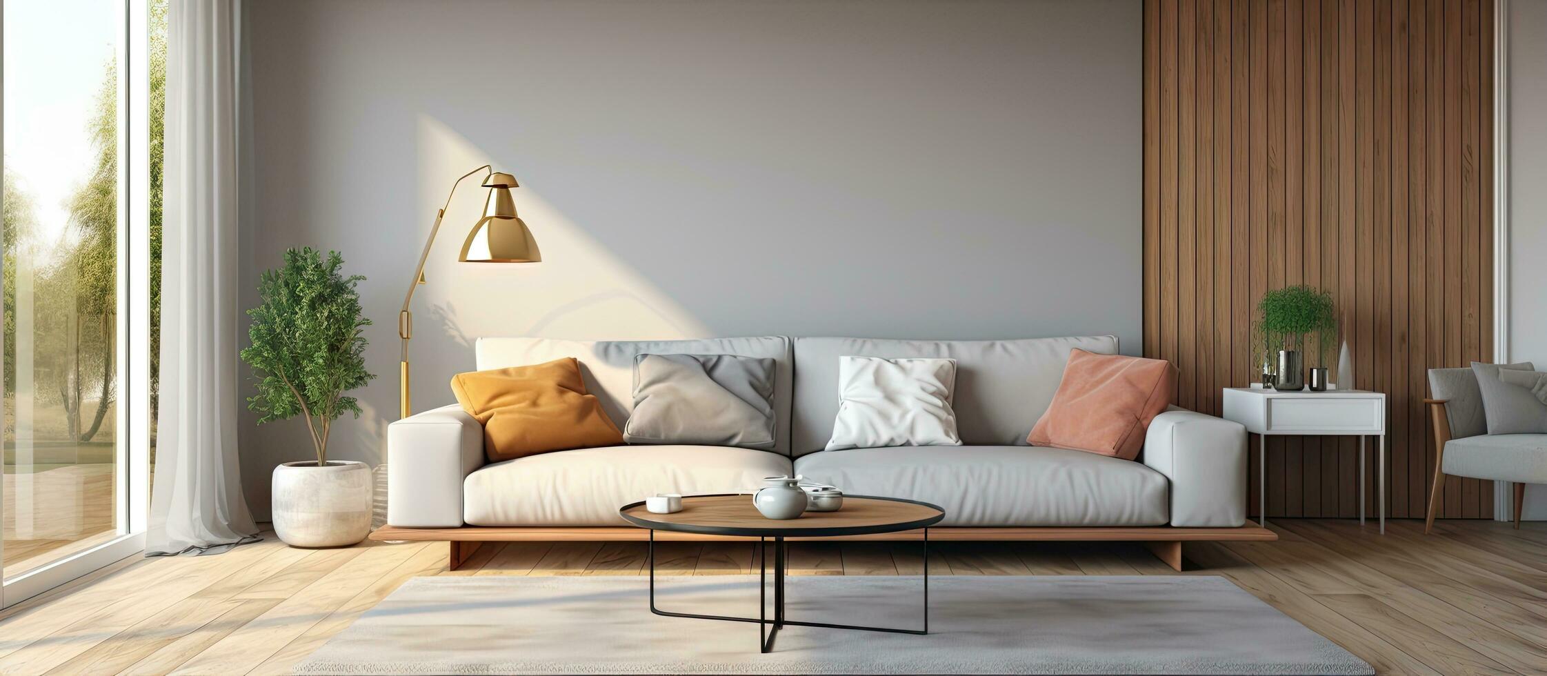 prestados ilustración de un contemporáneo y confortable vivo habitación con un grande sofá café mesa colgante luces balcón de madera piso y cocina foto