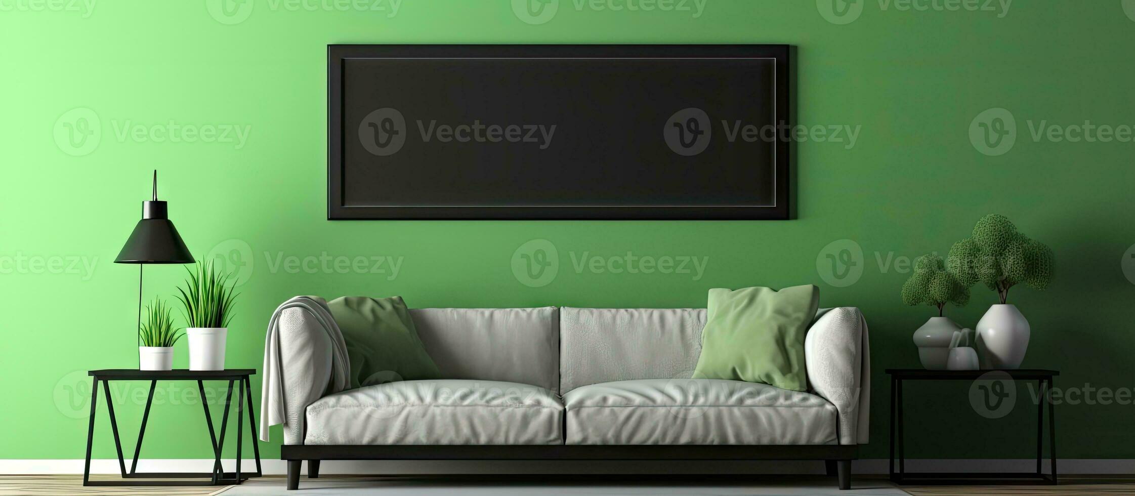 moderno interior habitación prestados en presentando un sofá piso lámpara estantería alfombra en negro de madera piso y un vacío imagen marco en un verde pared foto