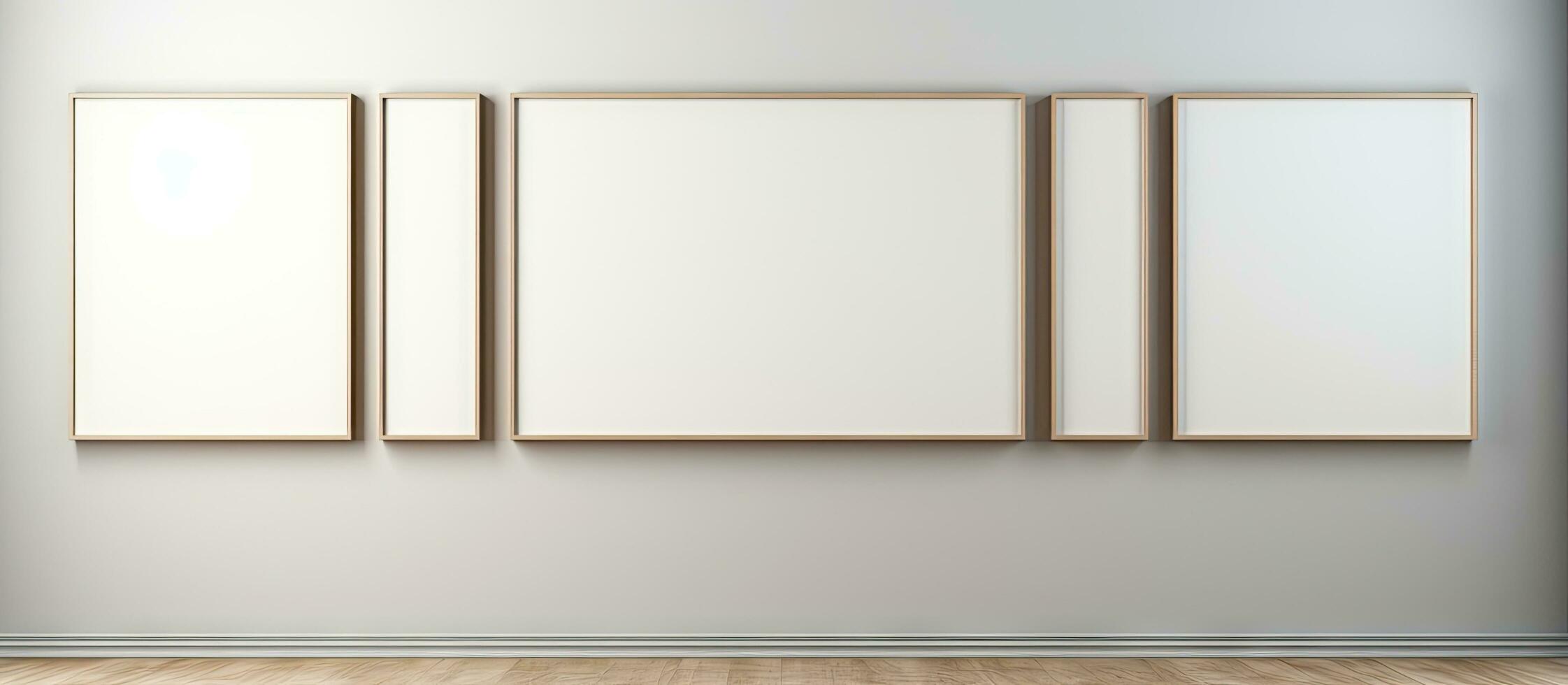 Modern gallery exhibiting contemporary artwork with framed pictures displayed on walls rendered in photo
