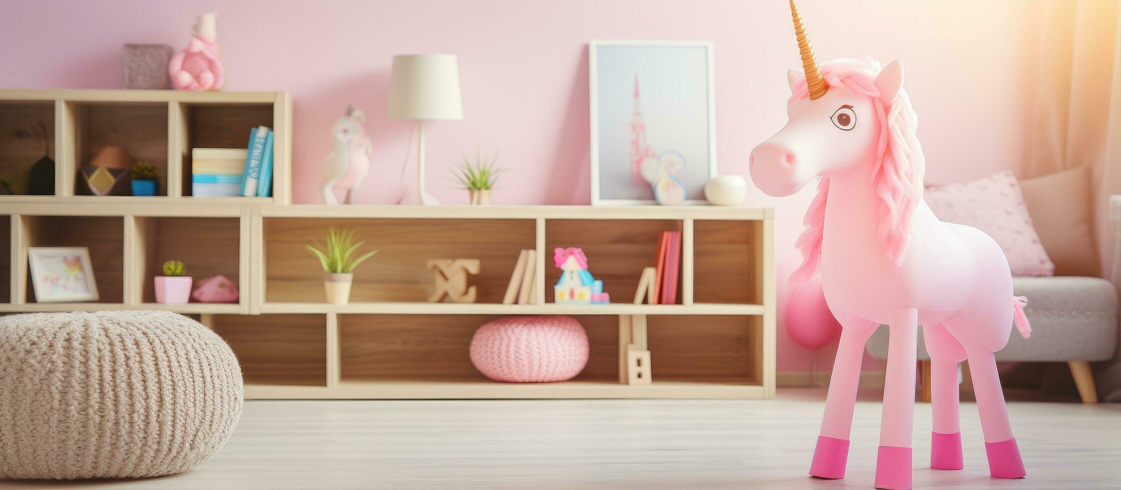 A wooden camera toy and a LED light in the shape of a pink unicorn on a table in a child s playroom photo