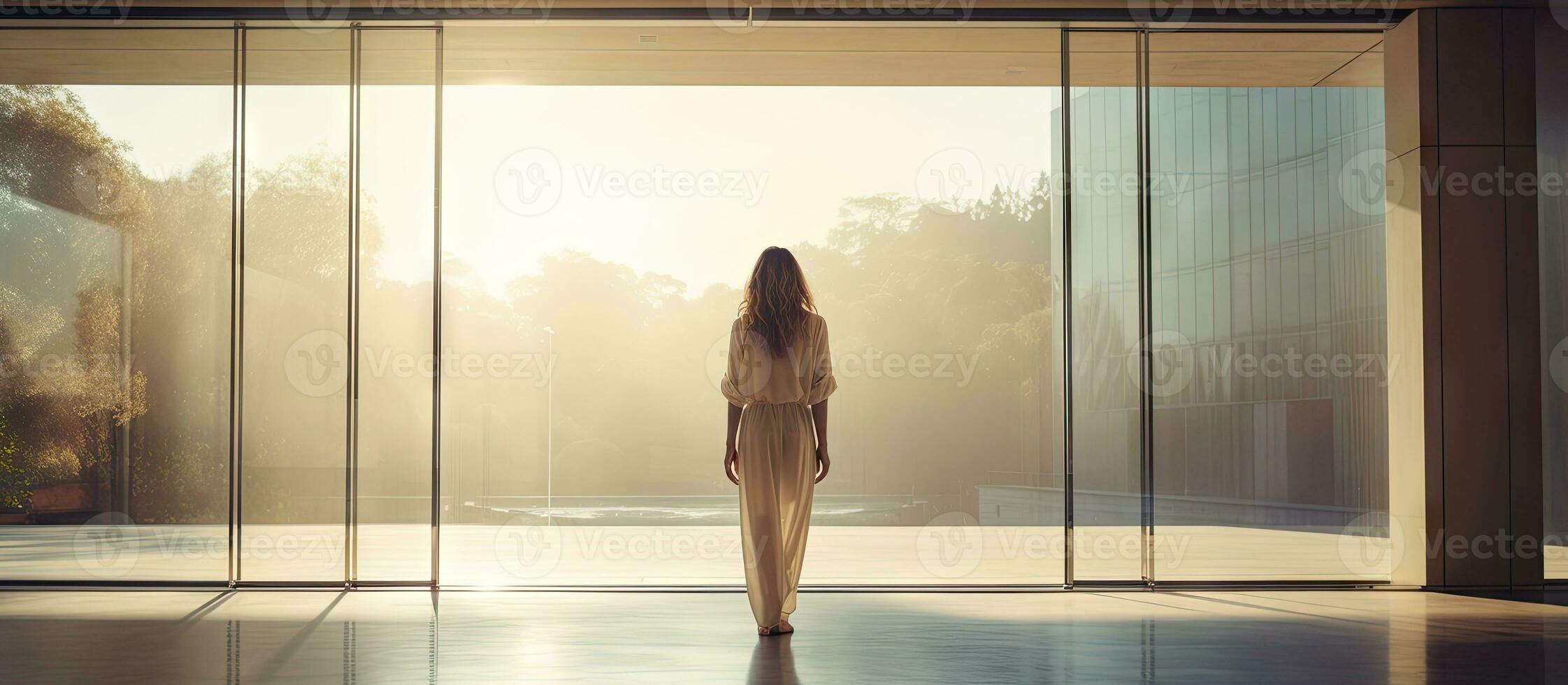 Young female standing by glass sliding entrance photo