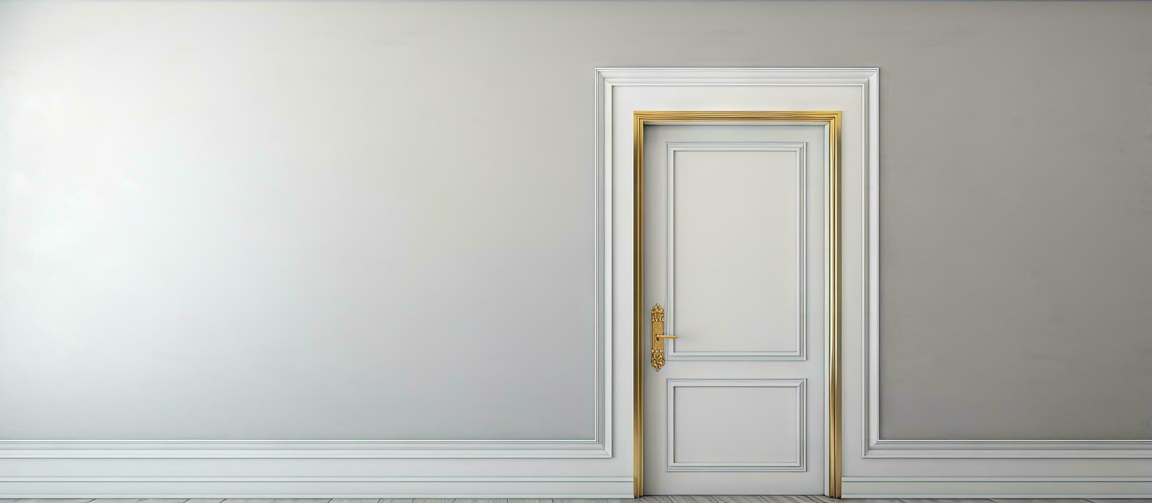 White wooden door with gold doorknob on gray wall photo