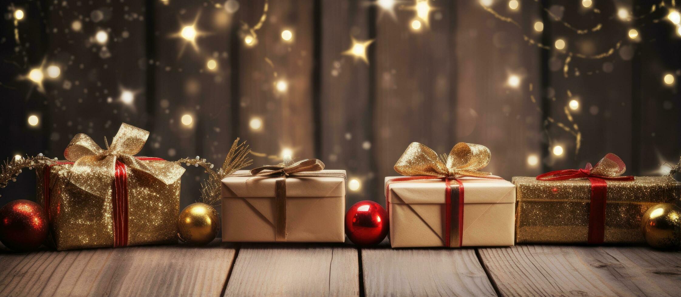 Christmas ornaments on a wooden table with presents and small decorations photo