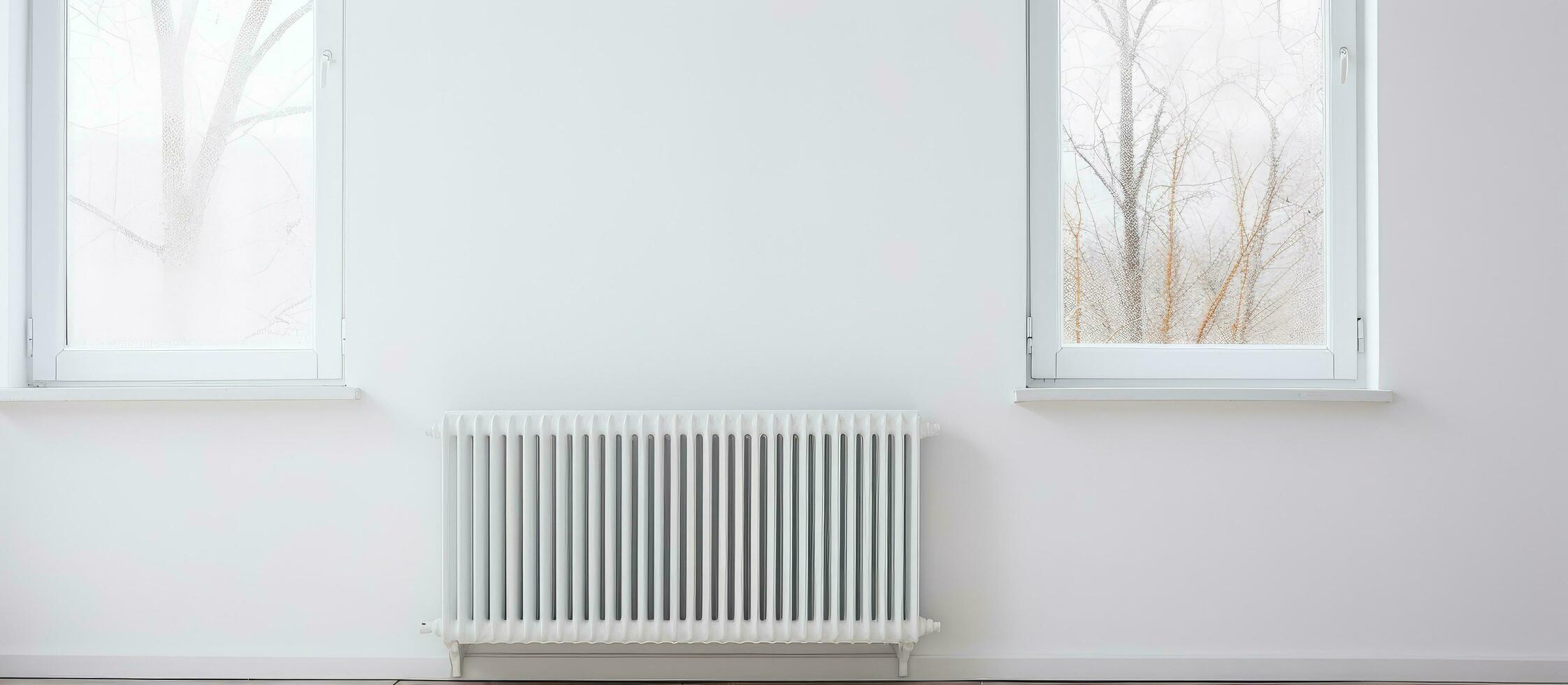 Window and radiator made of plastic in empty room at home with white walls photo