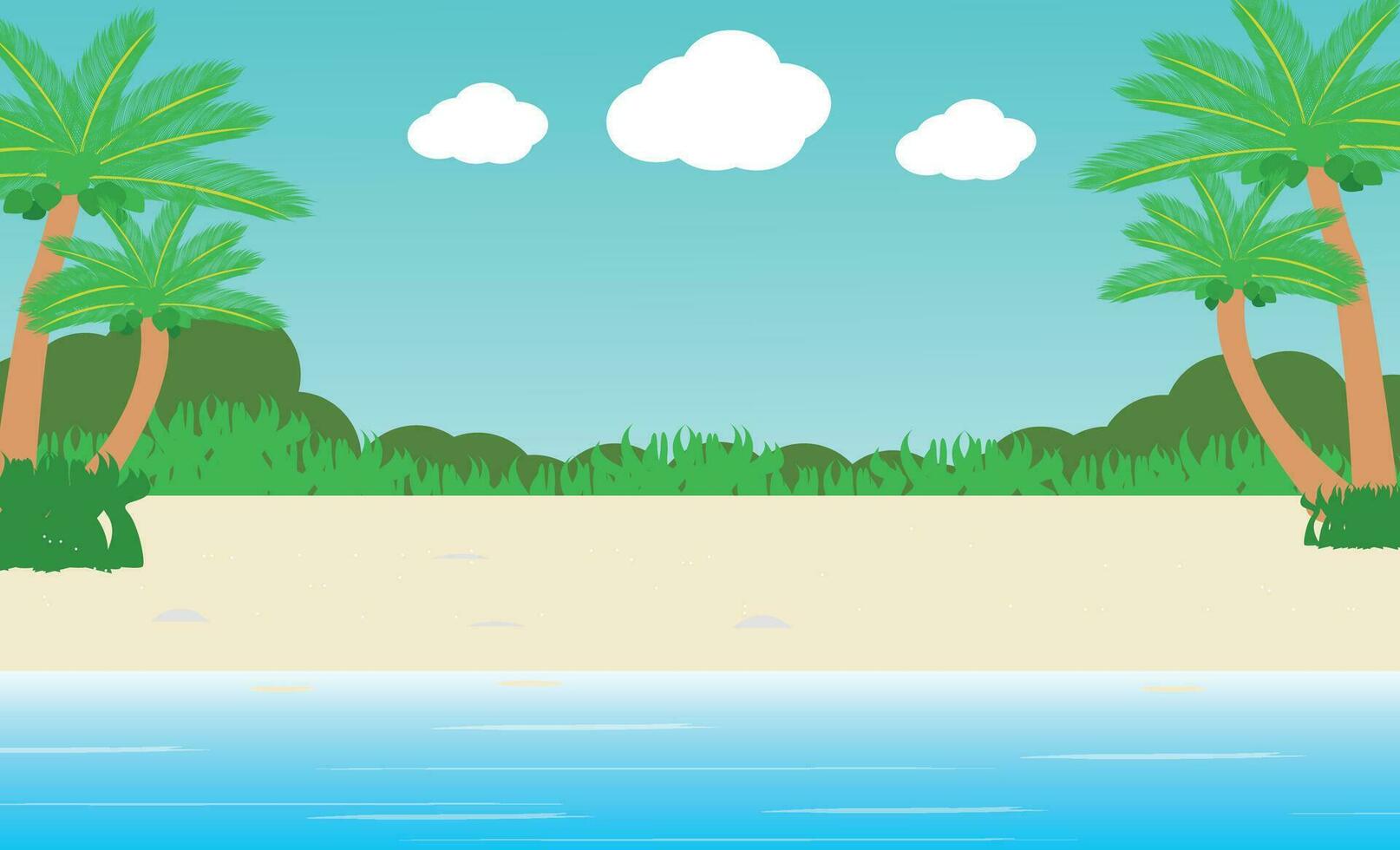 Set of summer vacation vector illustration Paradise Beach tropical beach, umbrella road and cars, resort mountain and coconut trees.