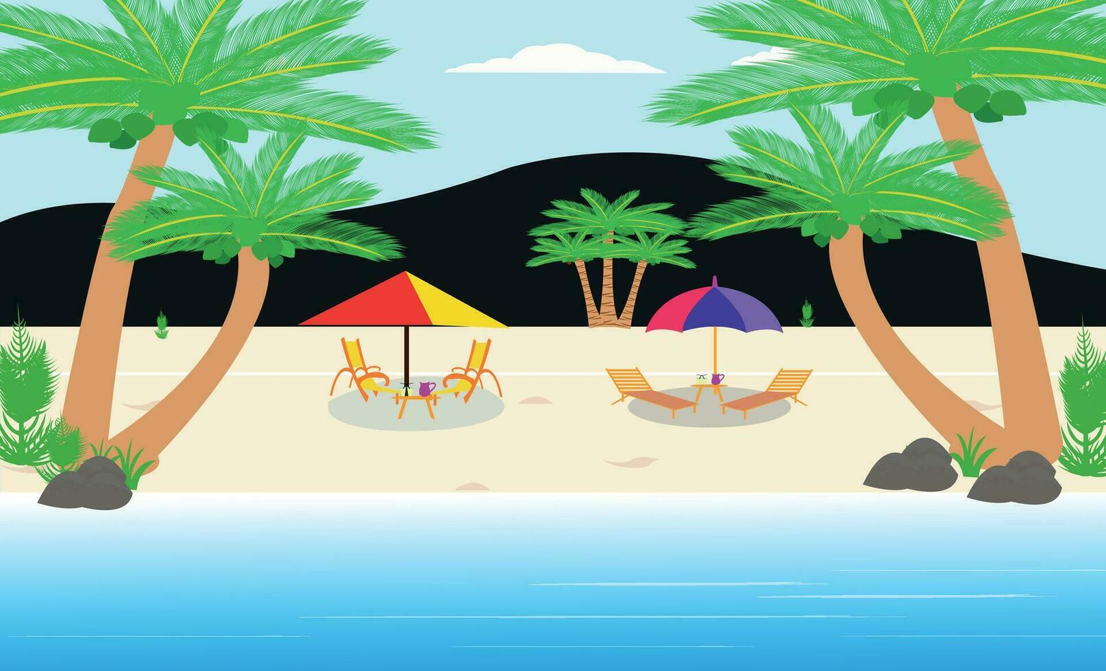 Set of summer vacation vector illustration Paradise Beach tropical beach, umbrella road and cars, resort mountain and coconut trees.