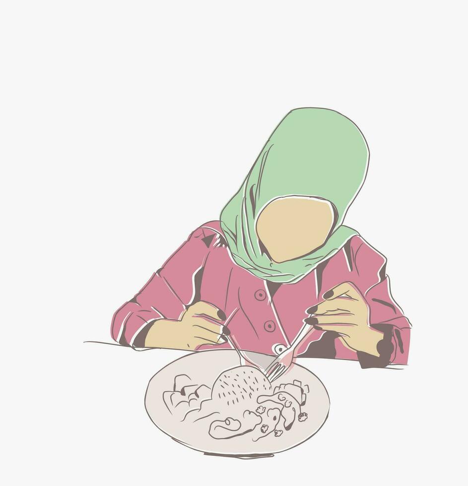 magelang, indonesia. 08 13 2023 - vector ilustración de un mujer vistiendo un hijab comiendo en plano estilo