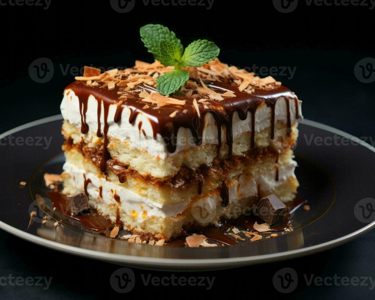 a piece of cake on a black plate generative ai photo