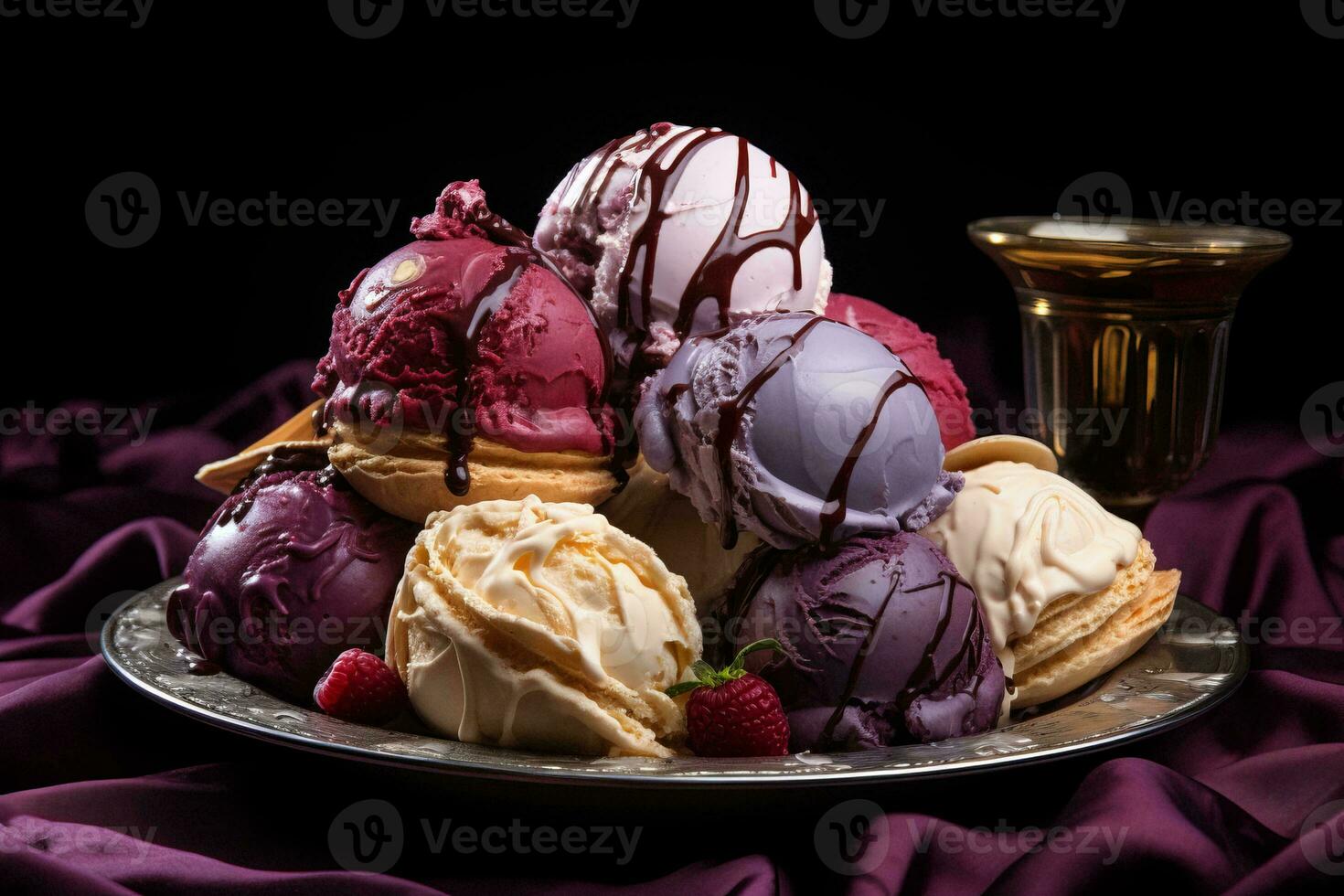 a plate of ice cream and a glass of wine generative ai photo
