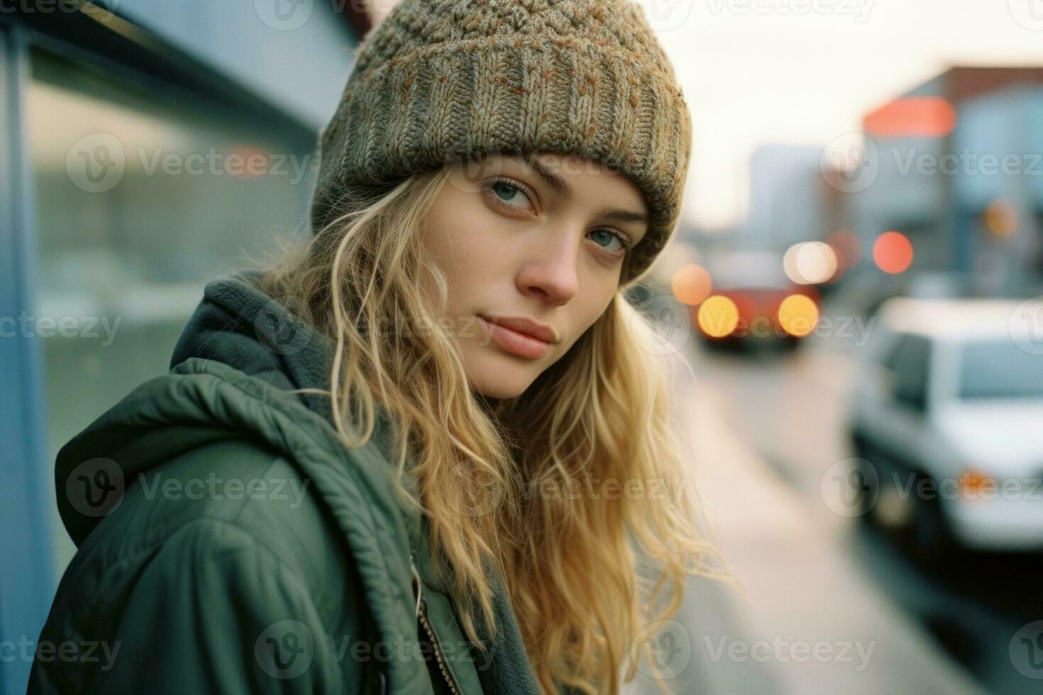 a young woman in a beanie standing on the street generative ai photo