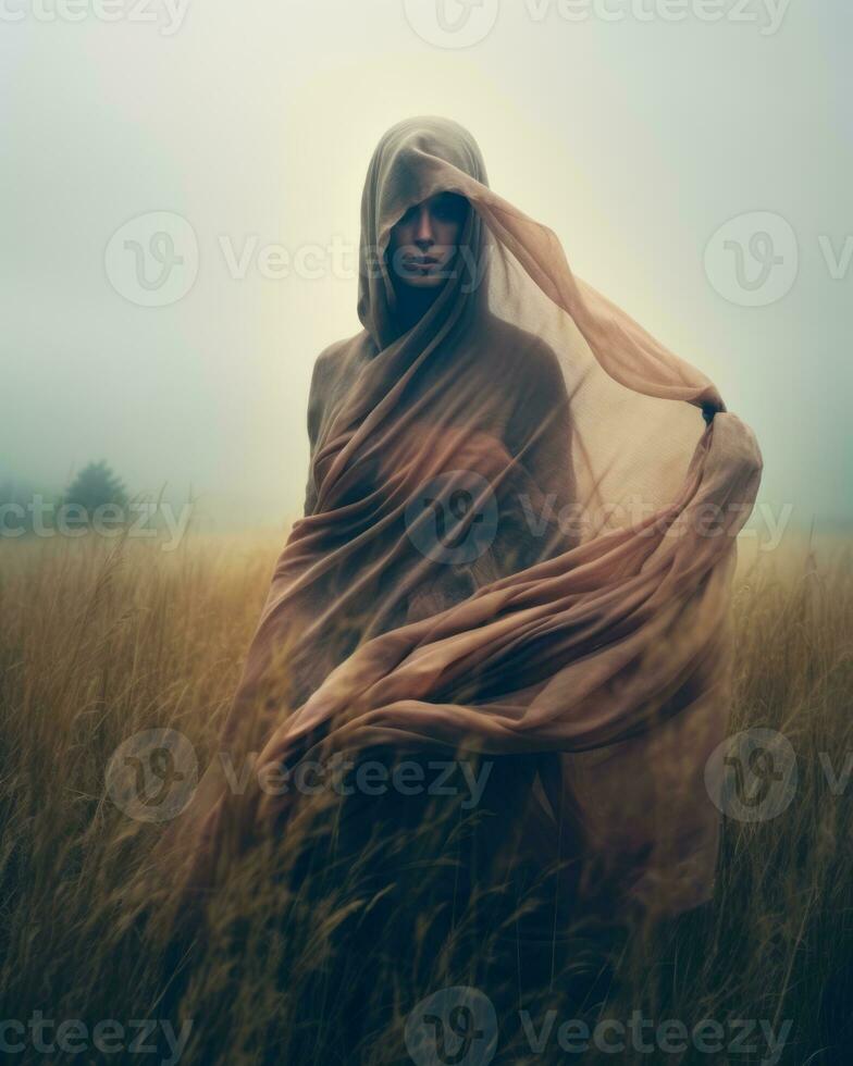 a woman in a veil is standing in the middle of a field generative AI photo