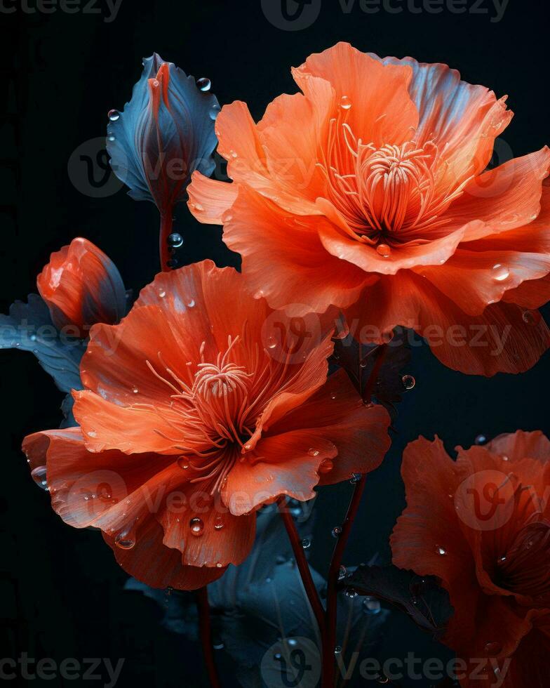 three orange flowers with water droplets on them generative ai photo